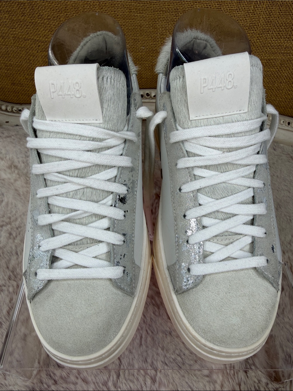 P448 | Light Gray & White Suede Sneakers With Silver Glitter & Pony Accents — image 6 of 8